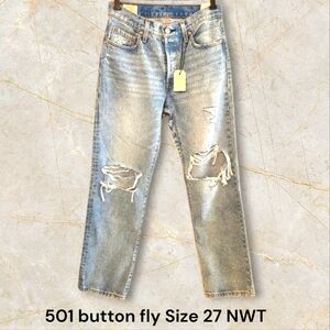 Levi's 501 Distressed Blue Straight Leg Ripped Jeans Ladies Size 27 - NWT